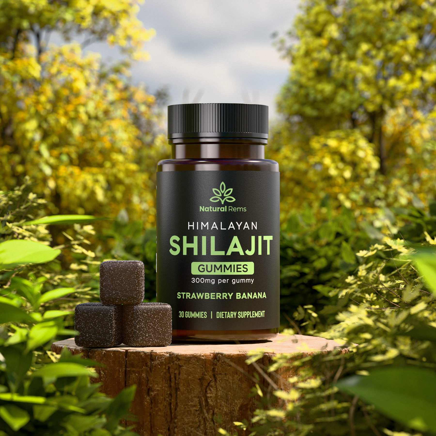 Himalayan Shilajit gummies jar with cubes, set outdoors on a wooden surface.