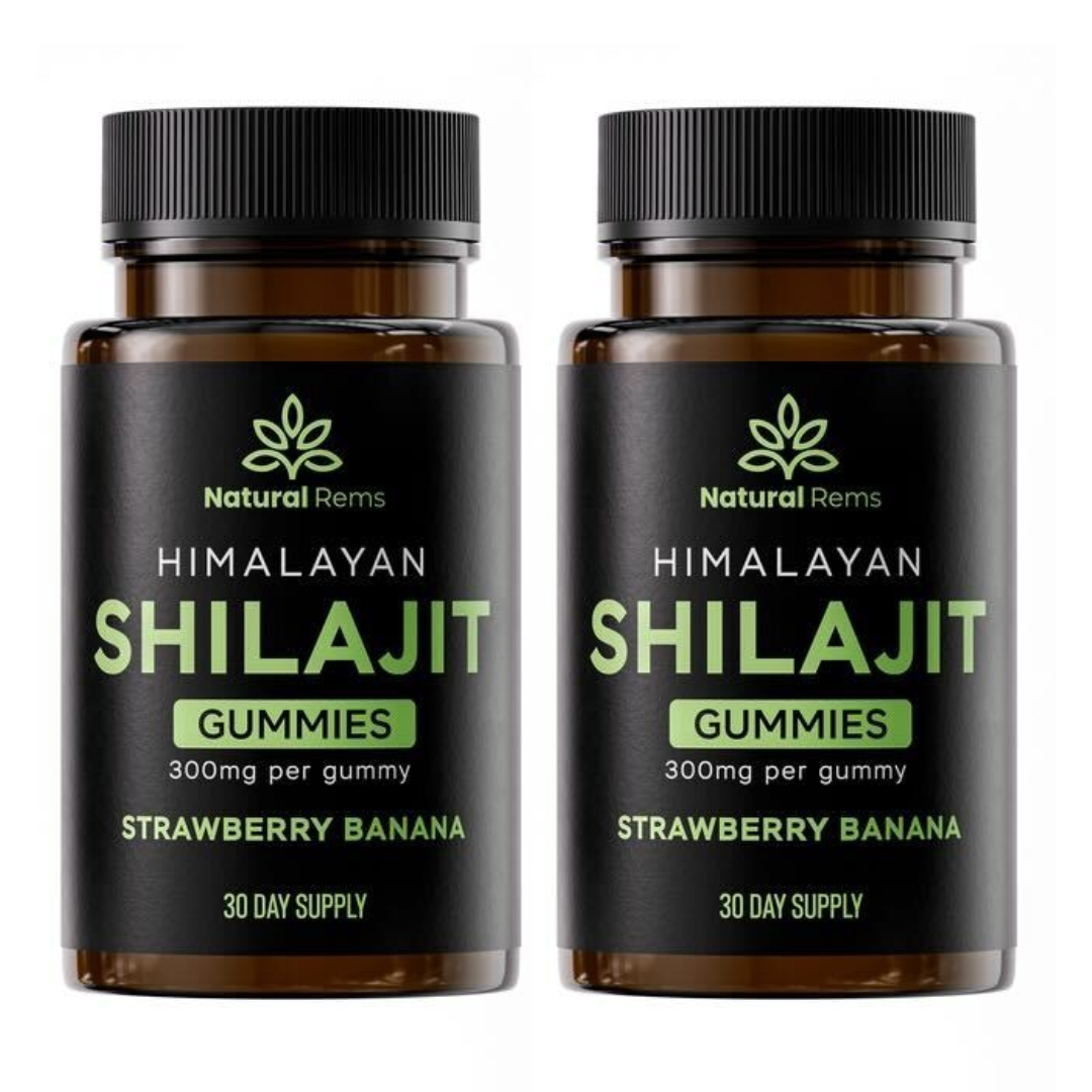 Two jars of Himalayan Shilajit strawberry banana gummies, 300mg per gummy, 30-day supply.