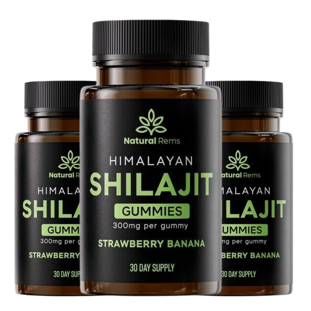 Bottles of Himalayan Shilajit gummies, strawberry banana flavor, by Natural Rems.